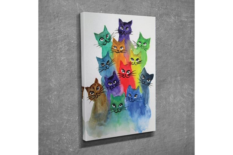 Liten Canvastavla 30x40 cm - Färgglad samling av katter i olika nyanser, Grön / Blå / Lila