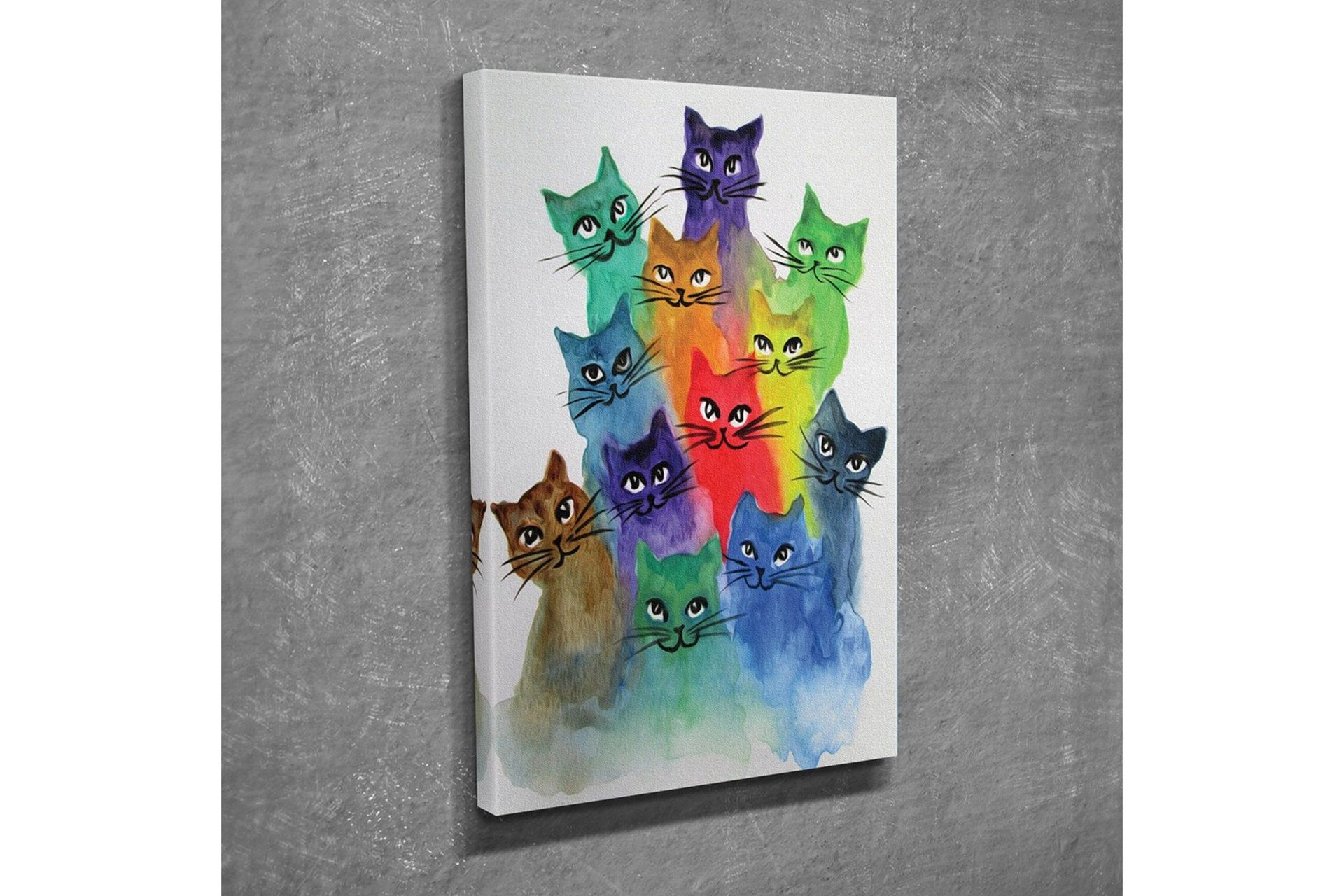 Liten Canvastavla 30x40 cm - Färgglad samling av katter i olika nyanser - Grön / Blå / Lila