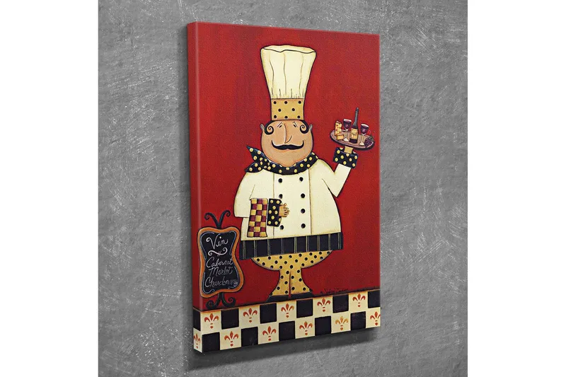 Liten Canvastavla 30x40 cm - Glad kock med en bricka fylld av mat och dryck, Röd / Vit / Svart