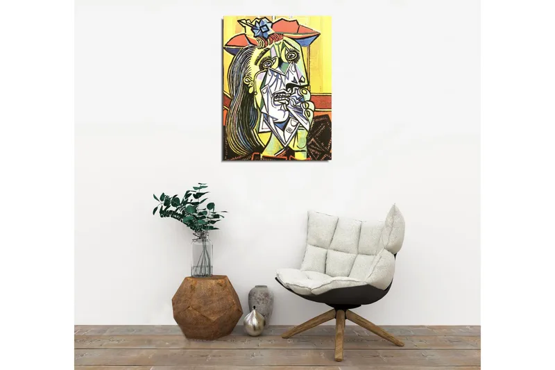 Liten Canvastavla 30x40 cm - Gråtande kvinna med geometriska former och starka uttryck - Gul / Grön / Röd - Inredning - Tavlor & posters - Canvastavla