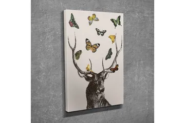 Liten Canvastavla 30x40 cm - Hjort med färgglada fjärilar svävande runt huvudet - Brun / Grön / Gul - Inredning - Tavlor & posters - Canvastavla