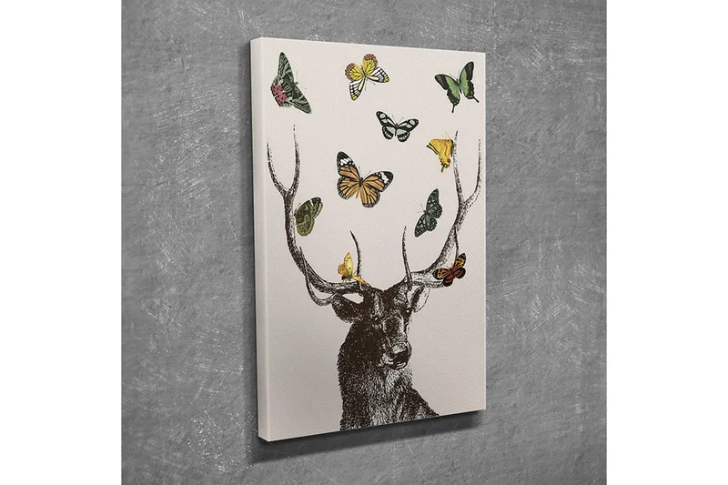 Liten Canvastavla 30x40 cm - Hjort med färgglada fjärilar svävande runt huvudet - Brun / Grön / Gul - Inredning - Tavlor & posters - Canvastavla