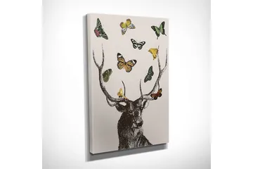 Liten Canvastavla 30x40 cm - Hjort med färgglada fjärilar svävande runt huvudet - Brun / Grön / Gul - Inredning - Tavlor & posters - Canvastavla