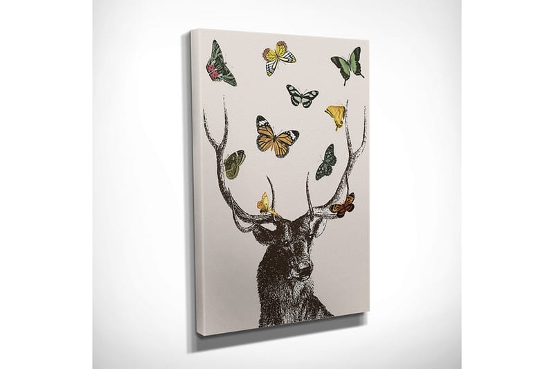 Liten Canvastavla 30x40 cm - Hjort med färgglada fjärilar svävande runt huvudet - Brun / Grön / Gul - Inredning - Tavlor & posters - Canvastavla