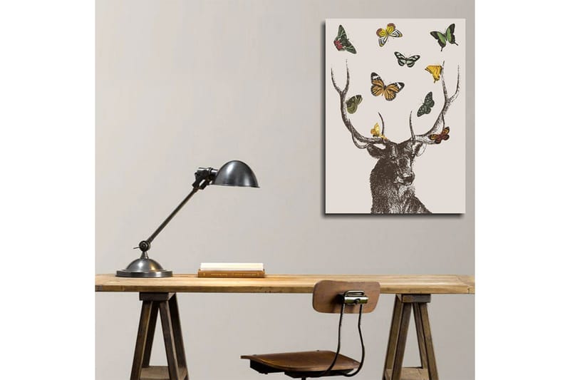 Liten Canvastavla 30x40 cm - Hjort med färgglada fjärilar svävande runt huvudet - Brun / Grön / Gul - Inredning - Tavlor & posters - Canvastavla