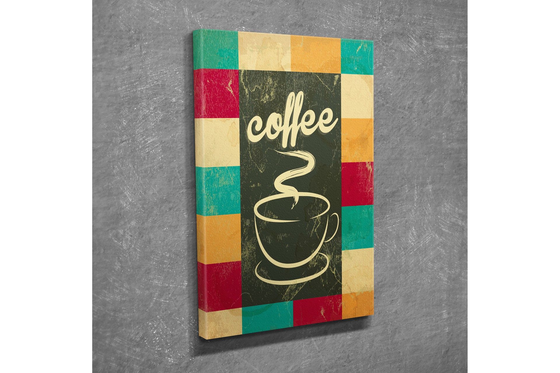 Liten Canvastavla 30x40 cm - Kopp med ångande kaffe och texten coffee - Mörkgrön / Turkos / Röd