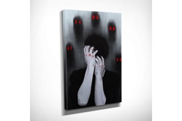 Liten Canvastavla 30x40 cm - Mörk och känslosam skildring av en person som håller huvudet i händerna, omgiven av skugglika figurer med röda ögon - Svart / Grå / Röd - Inredning - Tavlor & posters - Canvastavla