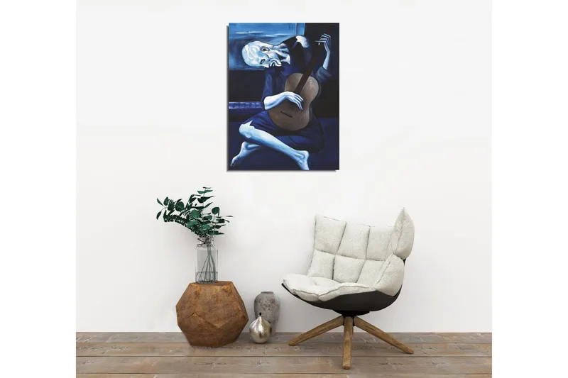 Liten Canvastavla 30x40 cm - Melankolisk man som spelar gitarr - Mörkblå / Ljusblå / Beige - Inredning - Tavlor & posters - Canvastavla