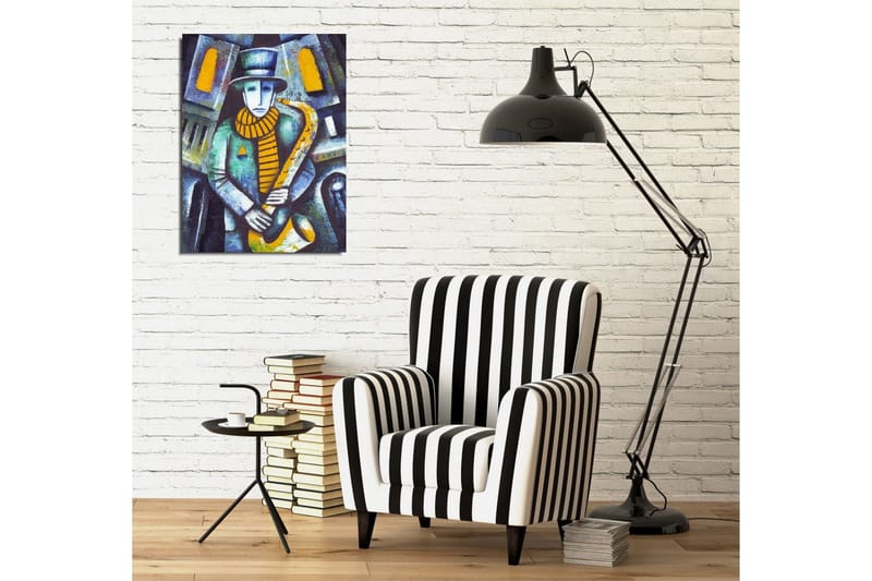 Liten Canvastavla 30x40 cm - Musiker som spelar saxofon i en urban miljö - Blå / Gul / Grön - Inredning - Tavlor & posters - Canvastavla