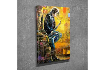Liten Canvastavla 30x40 cm - Musiker som spelar saxofon med en energisk och färgglad bakgrund - Gult / Svart / Blått - Inredning - Tavlor & posters - Canvastavla