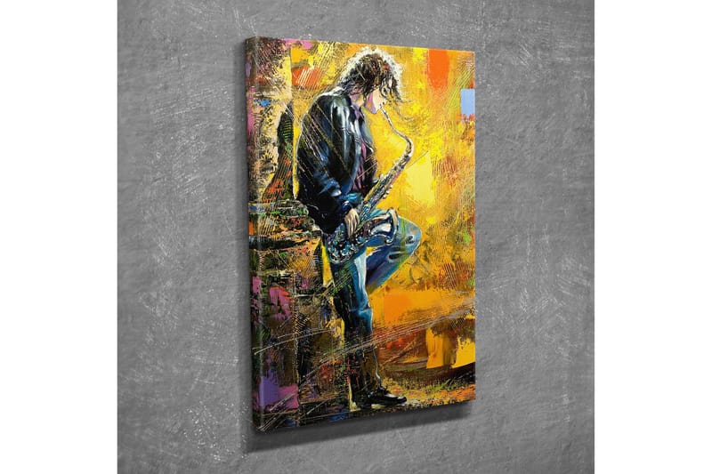 Liten Canvastavla 30x40 cm - Musiker som spelar saxofon med en energisk och färgglad bakgrund - Gult / Svart / Blått - Inredning - Tavlor & posters - Canvastavla