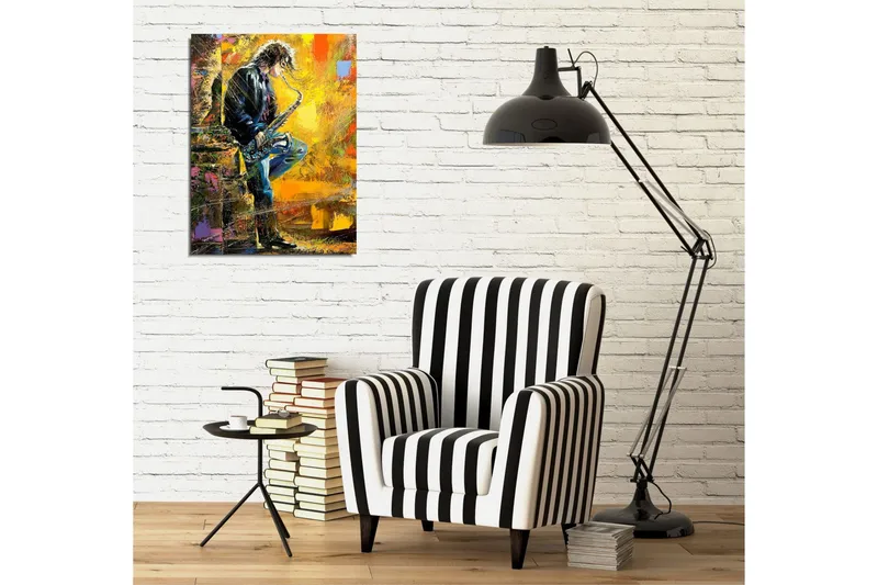 Liten Canvastavla 30x40 cm - Musiker som spelar saxofon med en energisk och färgglad bakgrund - Gult / Svart / Blått - Inredning - Tavlor & posters - Canvastavla