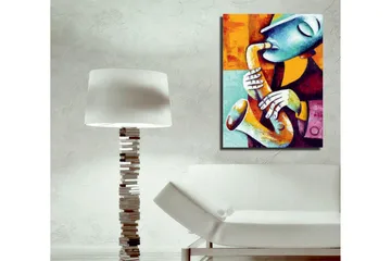 Liten Canvastavla 30x40 cm - Musiker som spelar saxofon med uttrycksfulla ansiktsdrag - Turkos / Orange / Röd - Inredning - Tavlor & posters - Canvastavla