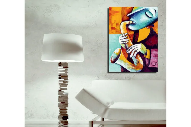 Liten Canvastavla 30x40 cm - Musiker som spelar saxofon med uttrycksfulla ansiktsdrag - Turkos / Orange / Röd - Inredning - Tavlor & posters - Canvastavla