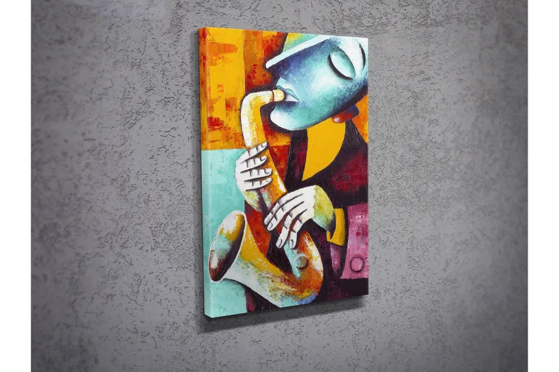 Liten Canvastavla 30x40 cm - Musiker som spelar saxofon med uttrycksfulla ansiktsdrag - Turkos / Orange / Röd - Inredning - Tavlor & posters - Canvastavla