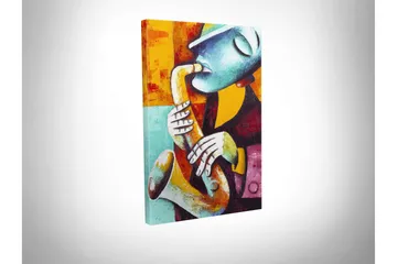 Liten Canvastavla 30x40 cm - Musiker som spelar saxofon med uttrycksfulla ansiktsdrag - Turkos / Orange / Röd - Inredning - Tavlor & posters - Canvastavla