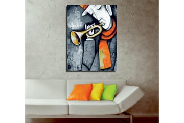 Liten Canvastavla 30x40 cm - Musiker som spelar trumpet med en röd scarf - Grå / Svart / Gul - Inredning - Tavlor & posters - Canvastavla
