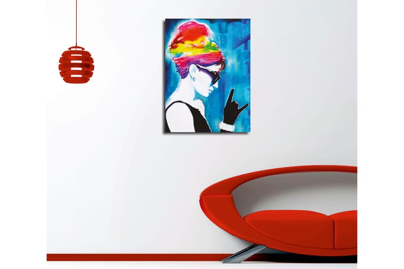 Liten Canvastavla 30x40 cm - Silhuett av en kvinna med färgglad frisyr och solglasögon - Blå / Rosa / Gul - Inredning - Tavlor & posters - Canvastavla