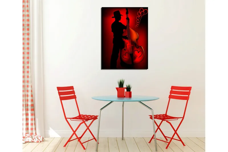 Liten Canvastavla 30x40 cm - Silhuett av en musiker som spelar på en kontrabas med hjärtformade detaljer - Röd / Svart - Inredning - Tavlor & posters - Canvastavla