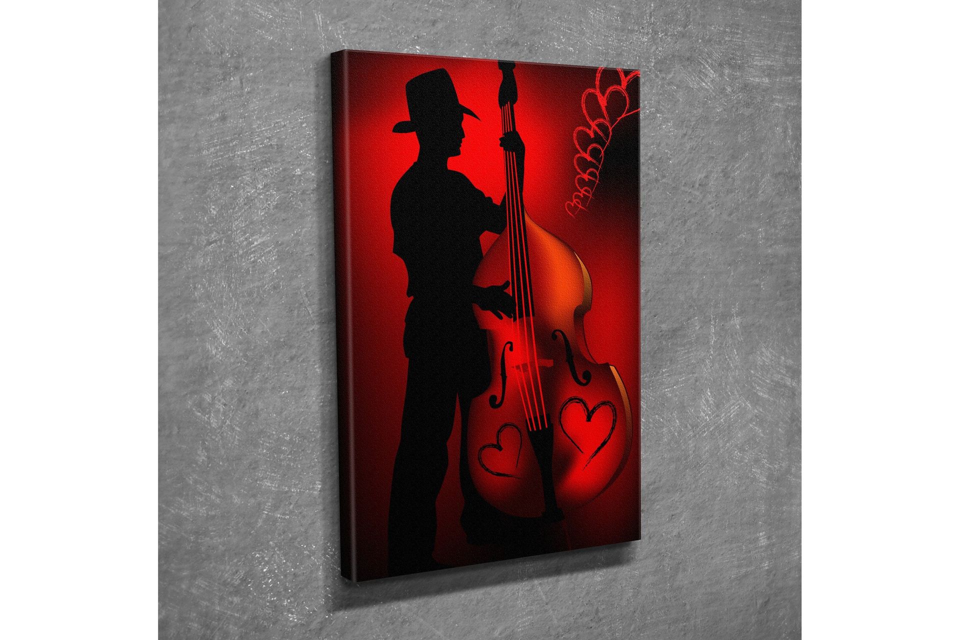 Liten Canvastavla 30x40 cm - Silhuett av en musiker som spelar på en kontrabas med hjärtformade detaljer - Röd / Svart