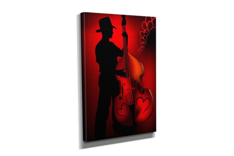 Liten Canvastavla 30x40 cm - Silhuett av en musiker som spelar på en kontrabas med hjärtformade detaljer - Röd / Svart - Inredning - Tavlor & posters - Canvastavla