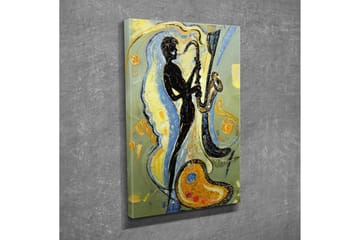 Liten Canvastavla 30x40 cm - Silhuett av en saxofonist i en dynamisk komposition - Svart / Guld / Ljusblå - Inredning - Tavlor & posters - Canvastavla