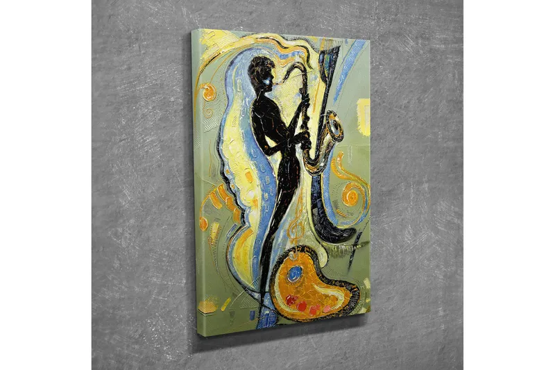 Liten Canvastavla 30x40 cm - Silhuett av en saxofonist i en dynamisk komposition - Svart / Guld / Ljusblå - Inredning - Tavlor & posters - Canvastavla