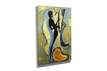 Liten Canvastavla 30x40 cm - Silhuett av en saxofonist i en dynamisk komposition - Svart / Guld / Ljusblå - Inredning - Tavlor & posters - Canvastavla
