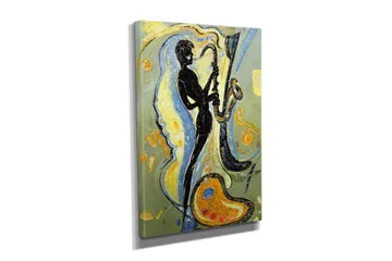 Liten Canvastavla 30x40 cm - Silhuett av en saxofonist i en dynamisk komposition - Svart / Guld / Ljusblå - Inredning - Tavlor & posters - Canvastavla