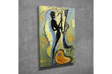 Liten Canvastavla 30x40 cm - Silhuett av en saxofonist i en dynamisk komposition - Svart / Guld / Ljusblå - Inredning - Tavlor & posters - Canvastavla
