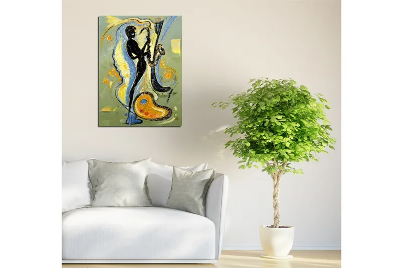 Liten Canvastavla 30x40 cm - Silhuett av en saxofonist i en dynamisk komposition - Svart / Guld / Ljusblå - Inredning - Tavlor & posters - Canvastavla