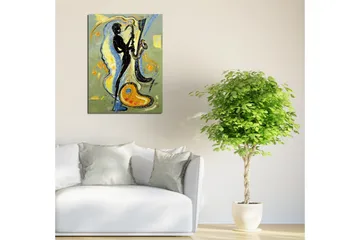 Liten Canvastavla 30x40 cm - Silhuett av en saxofonist i en dynamisk komposition - Svart / Guld / Ljusblå - Inredning - Tavlor & posters - Canvastavla