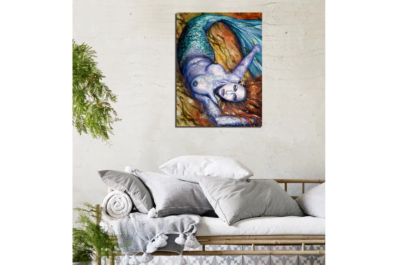 Liten Canvastavla 30x40 cm - Siren med en skimrande fiskstjärt och rödbrunt hår som ligger på en klippa - Turkos / Lila / Rödbrun - Inredning - Tavlor & posters - Canvastavla