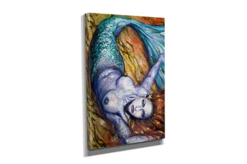 Liten Canvastavla 30x40 cm - Siren med en skimrande fiskstjärt och rödbrunt hår som ligger på en klippa - Turkos / Lila / Rödbrun - Inredning - Tavlor & posters - Canvastavla