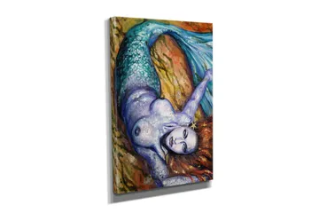 Liten Canvastavla 30x40 cm - Siren med en skimrande fiskstjärt och rödbrunt hår som ligger på en klippa - Turkos / Lila / Rödbrun - Inredning - Tavlor & posters - Canvastavla