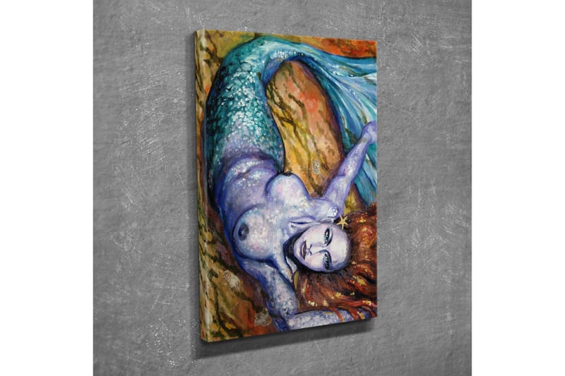 Liten Canvastavla 30x40 cm - Siren med en skimrande fiskstjärt och rödbrunt hår som ligger på en klippa - Turkos / Lila / Rödbrun - Inredning - Tavlor & posters - Canvastavla