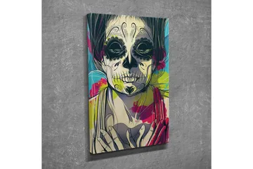 Liten Canvastavla 30x40 cm - Skulptur av en kvinna med skelettansikte och blommor i bakgrunden - Svart / Rosa / Grön - Inredning - Tavlor & posters - Canvastavla