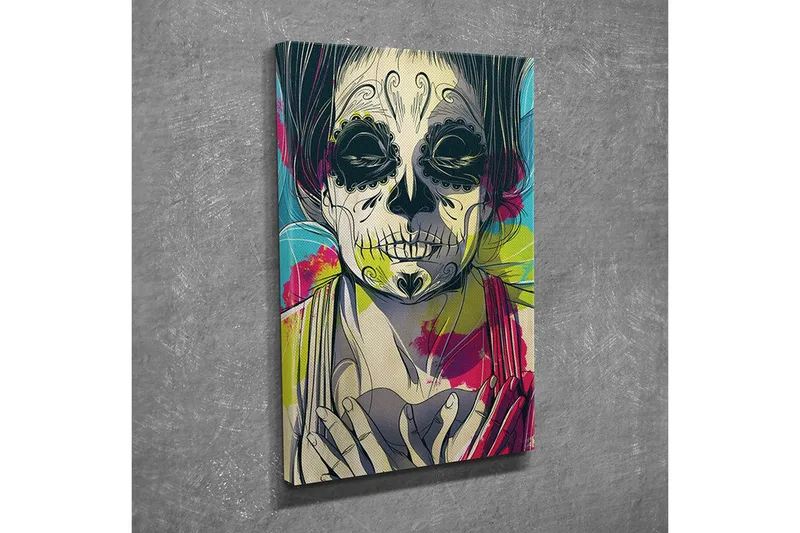 Liten Canvastavla 30x40 cm - Skulptur av en kvinna med skelettansikte och blommor i bakgrunden - Svart / Rosa / Grön - Inredning - Tavlor & posters - Canvastavla