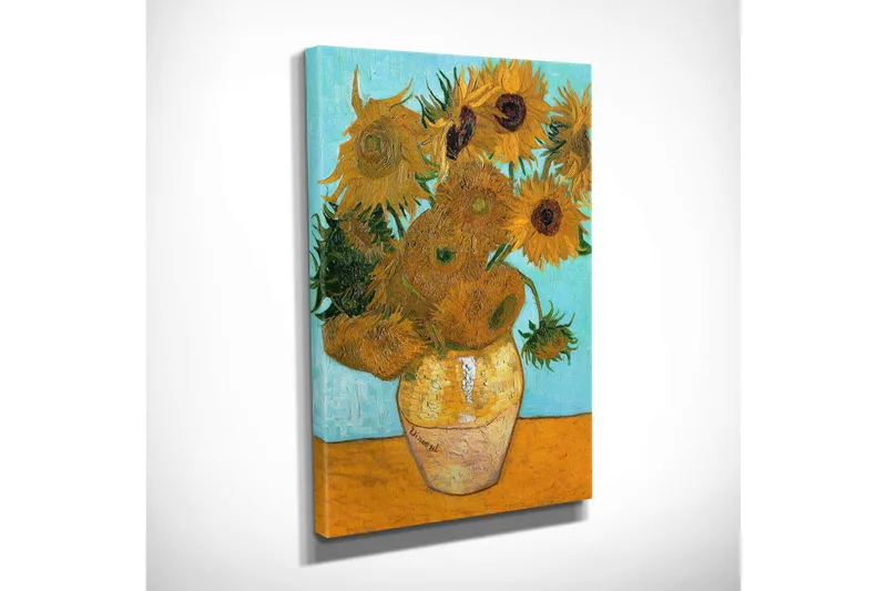 Liten Canvastavla 30x40 cm - Solrosor i en vas med en ljusblå bakgrund - Gul / Grön / Orange - Inredning - Tavlor & posters - Canvastavla