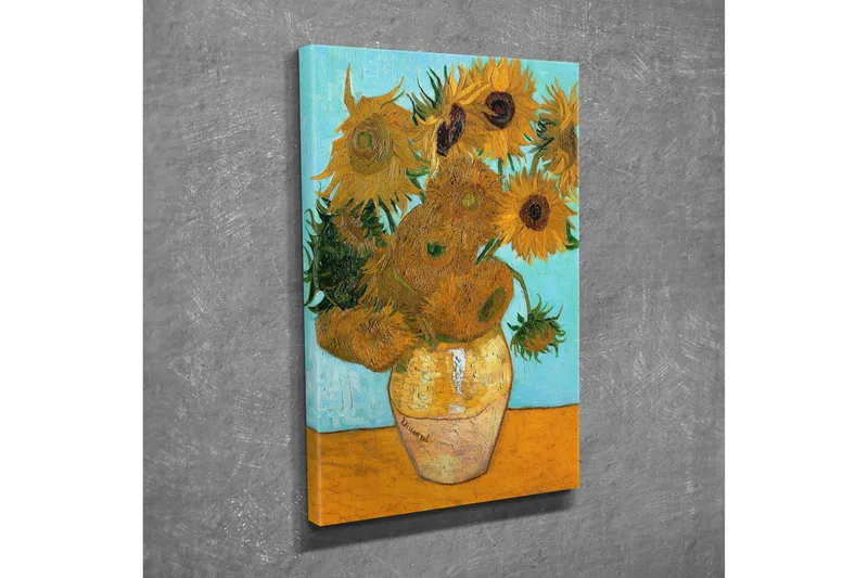 Liten Canvastavla 30x40 cm - Solrosor i en vas med en ljusblå bakgrund - Gul / Grön / Orange - Inredning - Tavlor & posters - Canvastavla