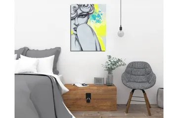 Liten Canvastavla 30x40 cm - Porträtt av en kvinna med en mystisk blick och stiliserat hår - Grå / Gul / Turkos - Inredning - Tavlor & posters - Canvastavla