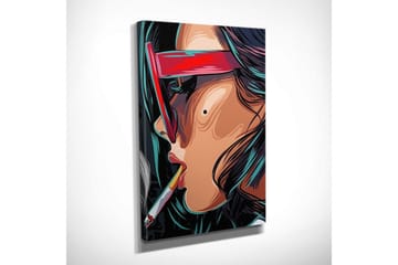 Liten Canvastavla 30x40 cm - Porträtt av en kvinna med solglasögon och cigarett - Röd / Svart / Turkos - Inredning - Tavlor & posters - Canvastavla