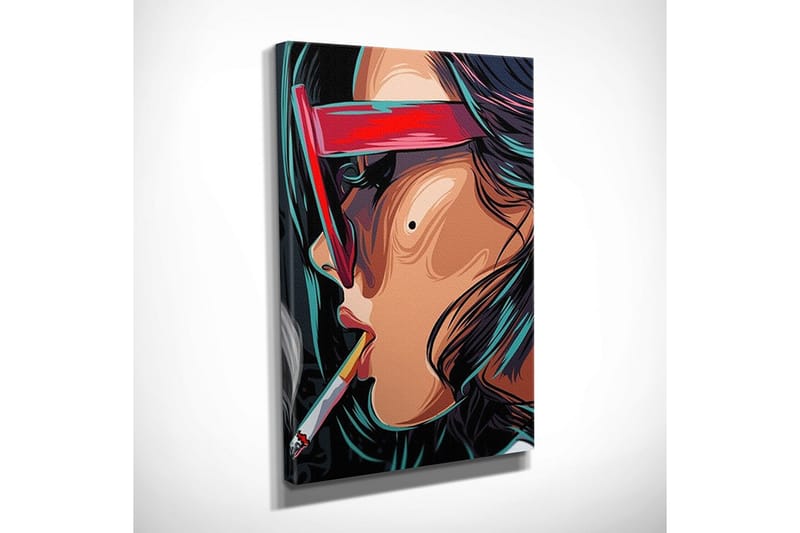 Liten Canvastavla 30x40 cm - Porträtt av en kvinna med solglasögon och cigarett - Röd / Svart / Turkos - Inredning - Tavlor & posters - Canvastavla