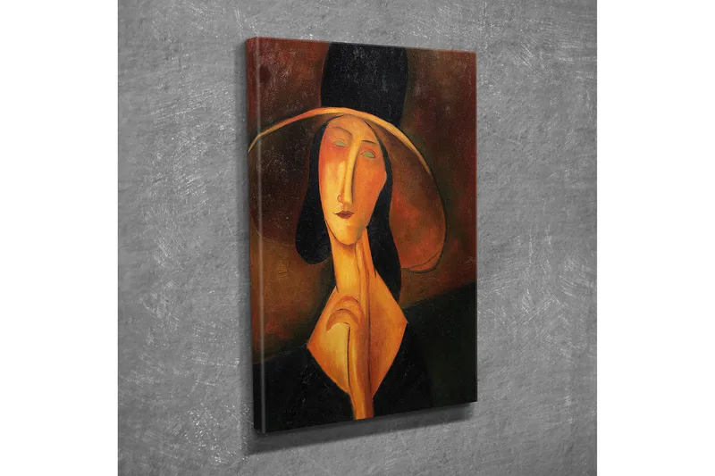 Liten Canvastavla 30x40 cm - Porträtt av en kvinna med stor hatt och en mystisk uttryckning - Svart / Orange / Brun - Inredning - Tavlor & posters - Canvastavla