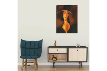 Liten Canvastavla 30x40 cm - Porträtt av en kvinna med stor hatt och en mystisk uttryckning - Svart / Orange / Brun - Inredning - Tavlor & posters - Canvastavla