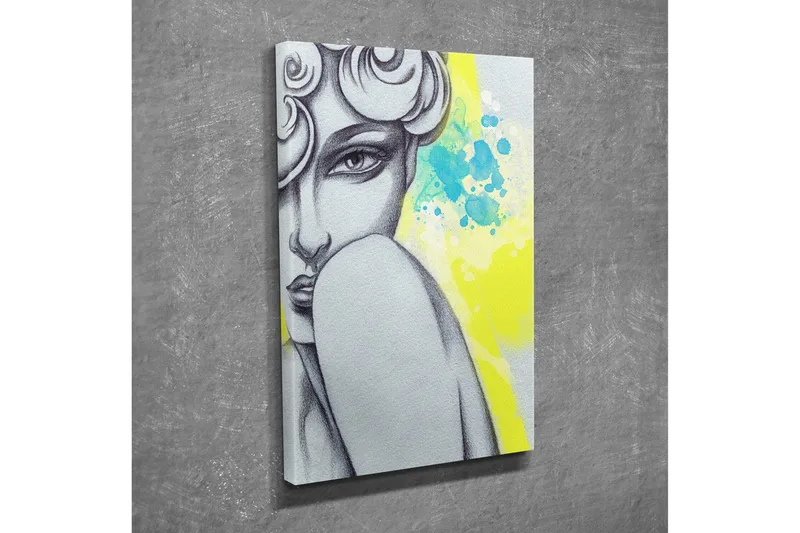 Liten Canvastavla 30x40 cm - Porträtt av en kvinna med en mystisk blick och stiliserat hår - Grå / Gul / Turkos - Inredning - Tavlor & posters - Canvastavla
