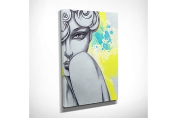 Liten Canvastavla 30x40 cm - Porträtt av en kvinna med en mystisk blick och stiliserat hår - Grå / Gul / Turkos - Inredning - Tavlor & posters - Canvastavla