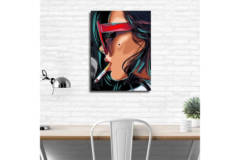 Liten Canvastavla 30x40 cm - Porträtt av en kvinna med solglasögon och cigarett - Röd / Svart / Turkos - Inredning - Tavlor & posters - Canvastavla