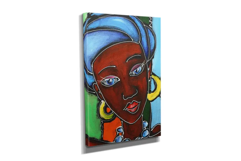 Liten Canvastavla 30x40 cm - Porträtt av en kvinna med färgglad huvudbonad och smycken - Mörkröd / Blå / Grön - Inredning - Tavlor & posters - Canvastavla