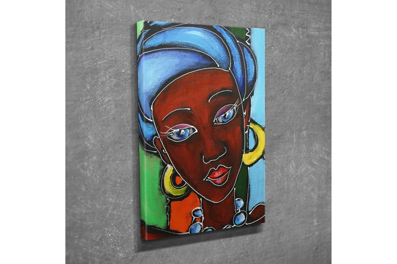 Liten Canvastavla 30x40 cm - Porträtt av en kvinna med färgglad huvudbonad och smycken - Mörkröd / Blå / Grön - Inredning - Tavlor & posters - Canvastavla